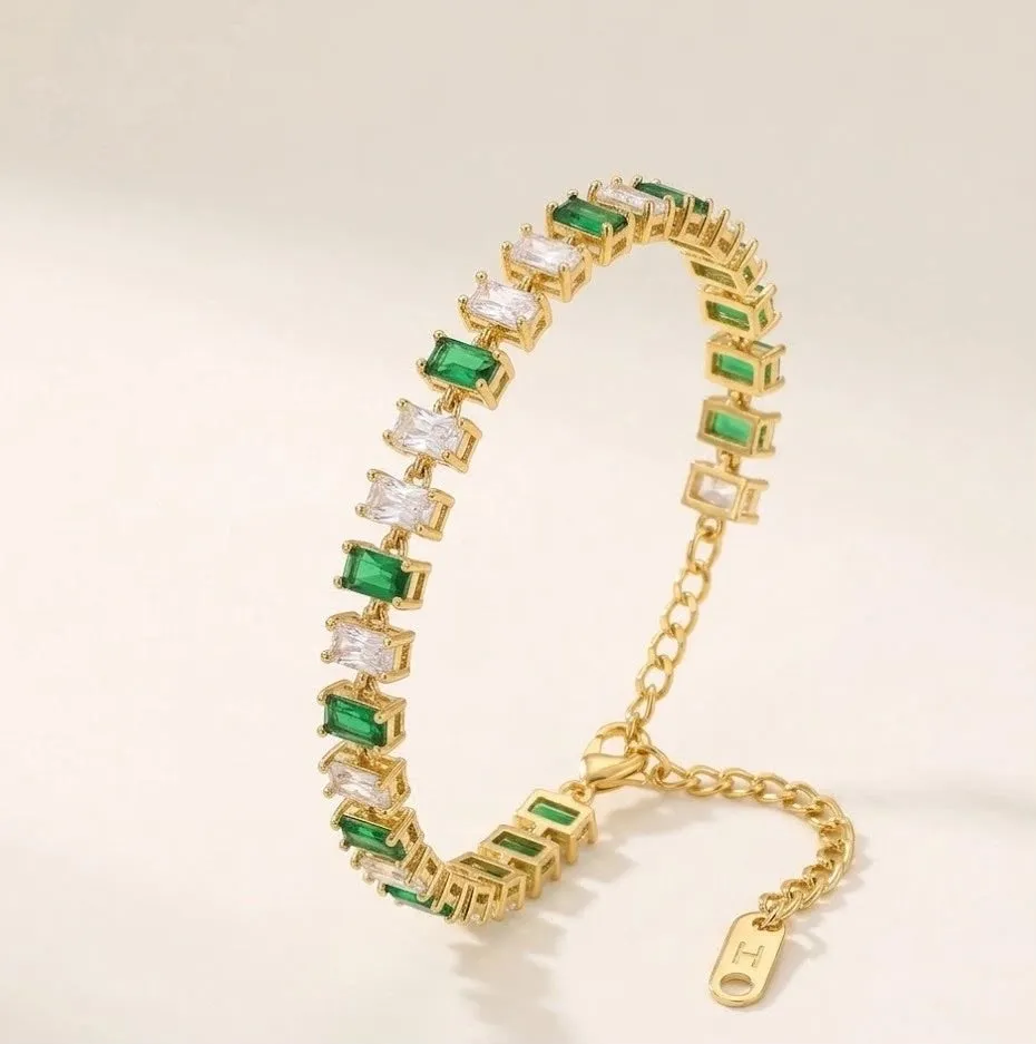 Emerald Green & Clear Baguette Stone Tennis Bracelet - Anti-Tarnish