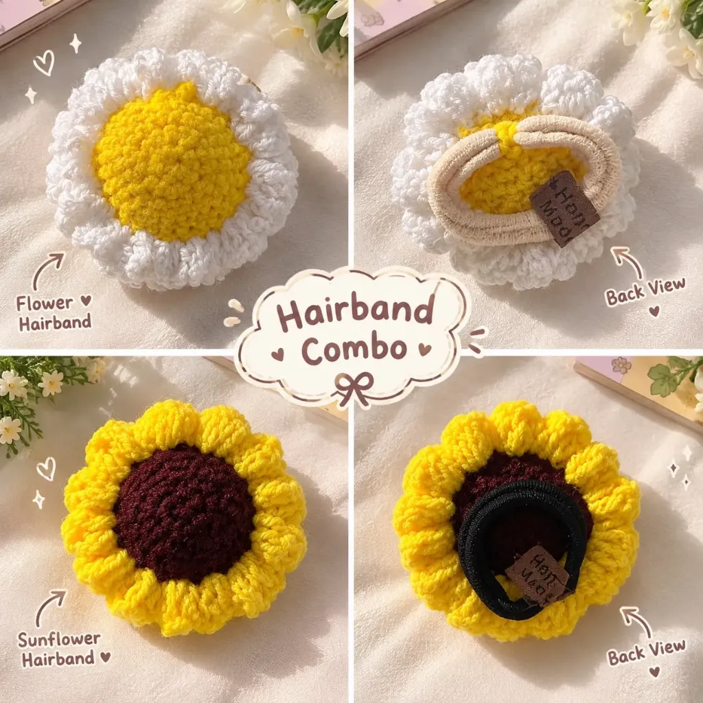Handmade Crochet Flower Hairband & Sunflower Keychain Combo | Cute Floral Hair Accessory Set